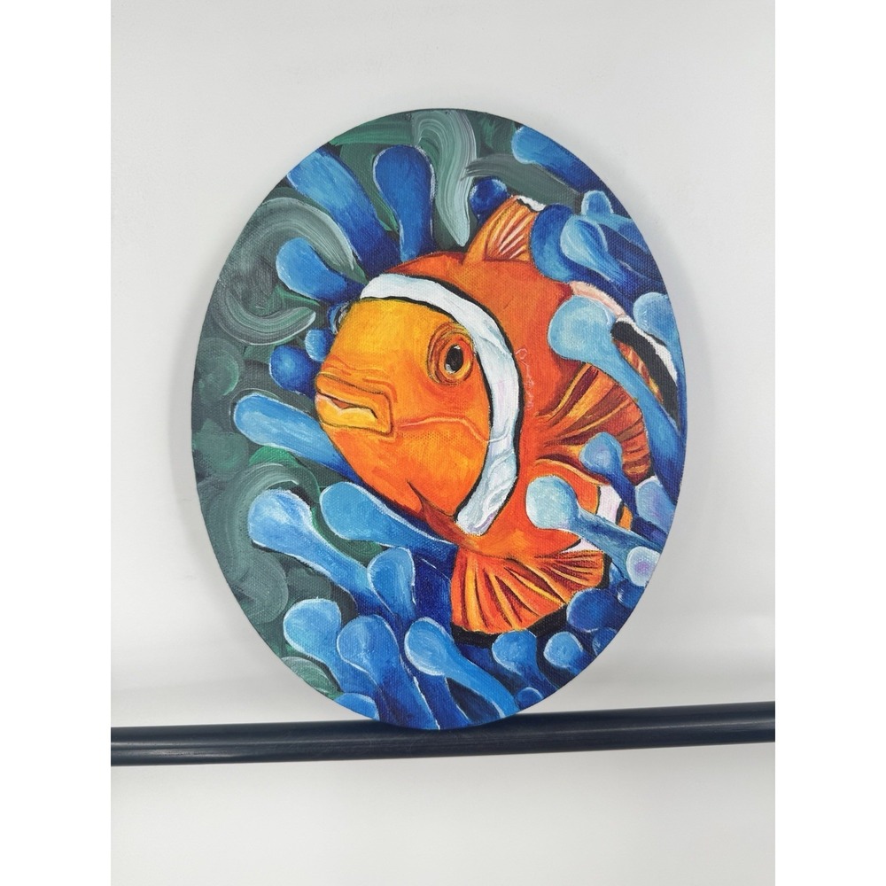 Original Acrylic Clown Fish Round Canvas Painting Ashley Leary Ocean Sea Life